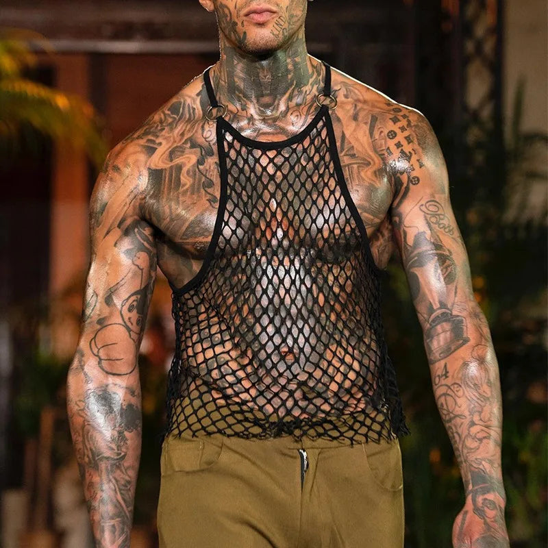 Men's Leather Stitching Net Shirt Motorcycle Leather Vest Top Sexy See-through Hooded Vest Muscular Men Fitness Vest Tank Top Me Festival Outfits | Techno Shirts | Rave Clothing