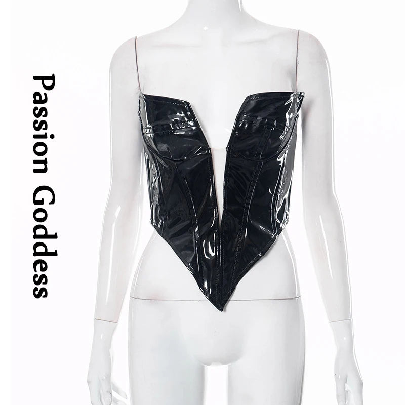 Sexy Frauen Shiny Gold Silber Bustier Crop Tops Helle PU Leder Krone Gürtel Abnehmen Taille Liebsten Low-cut Korsett top Sommer Festival Outfits | Techno Shirts | Rave Clothing