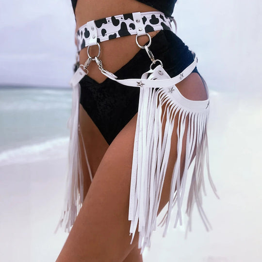 Women Sexy Harness Belt Denim printed white Tassels Short Leather Skirt Pu Leather Punk Gothic Cowboy Girl Wild Holiday Attire Festival Outfits | Techno Shirts | Rave Clothing
