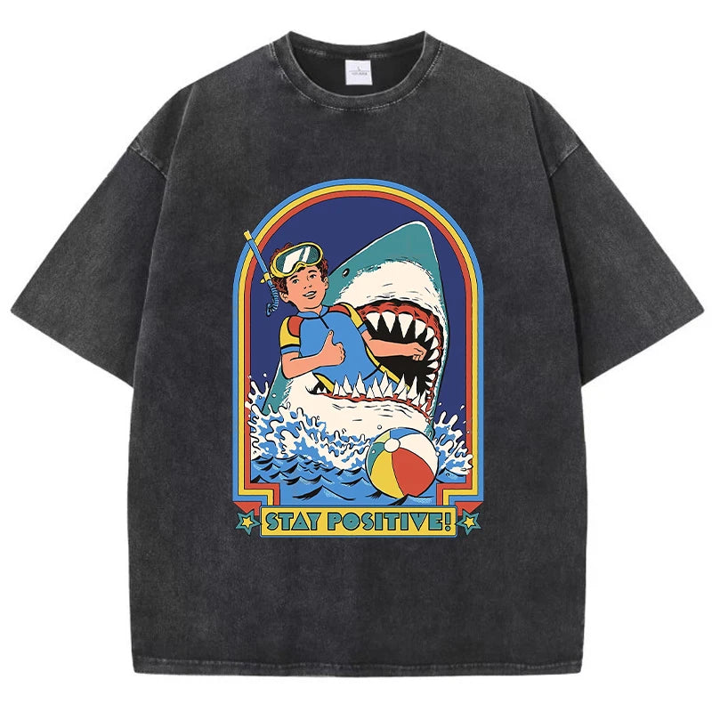 Bleiben Sie positiv, Cartoon-Druck, Damen-Wasch-T-Shirt, atmungsaktiv, bequem, kurzärmelig, modisch, cooles T-Shirt, Not-O-Ausschnitt-Kleidung Festival Outfits | Techno Shirts | Rave Clothing