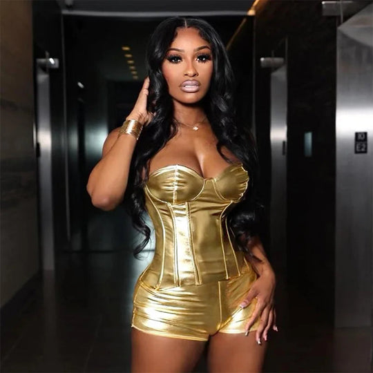 Sexy Frauen Shiny Gold Silber Bustier Crop Tops Helle PU Leder Krone Gürtel Abnehmen Taille Liebsten Low-cut Korsett top Sommer Festival Outfits | Techno Shirts | Rave Clothing