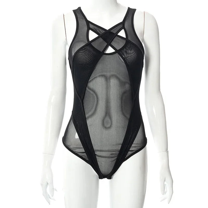 2024 neue durchsichtige Mesh aushöhlen Bodysuit Frauen Sommer lila Patchwork Bodys sexy Bade bekleidung Frauen Festival Outfit Korsett Top Festival Outfits | Techno Shirts | Rave Clothing