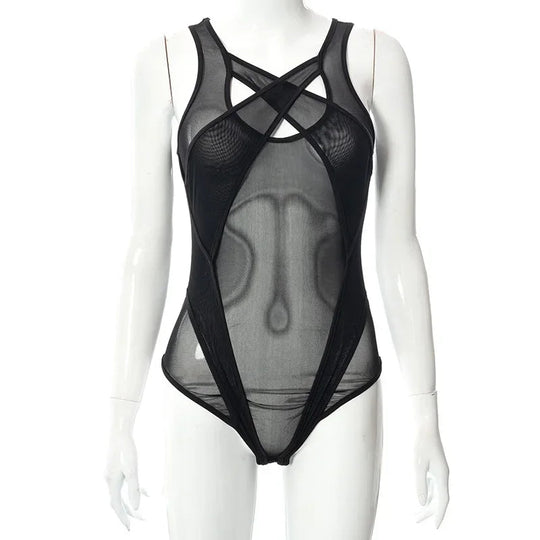 2024 neue durchsichtige Mesh aushöhlen Bodysuit Frauen Sommer lila Patchwork Bodys sexy Bade bekleidung Frauen Festival Outfit Korsett Top Festival Outfits | Techno Shirts | Rave Clothing