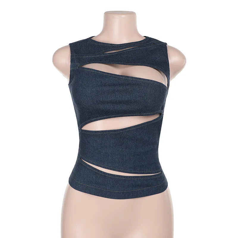 Talenza Damen-Weste, ärmellos, Rundhalsausschnitt, Sommer, einfarbig, hohl, schmale Weste, Top, modisch, sexy Streetwear, Damen, schmale Weste Festival Outfits | Techno Shirts | Rave Clothing