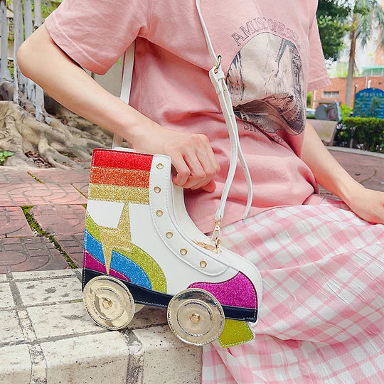 Fun Rainbow Glitter Roller Skate Women Handbag for Girls Novelty Rollerblade Crossbody and Pures Dazzing Daily Shoulder Bag Gift Festival Outfits | Techno Shirts | Rave Clothing