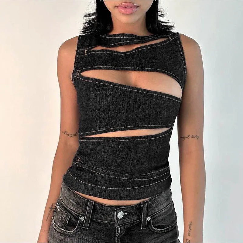 Talenza Damen-Weste, ärmellos, Rundhalsausschnitt, Sommer, einfarbig, hohl, schmale Weste, Top, modisch, sexy Streetwear, Damen, schmale Weste Festival Outfits | Techno Shirts | Rave Clothing