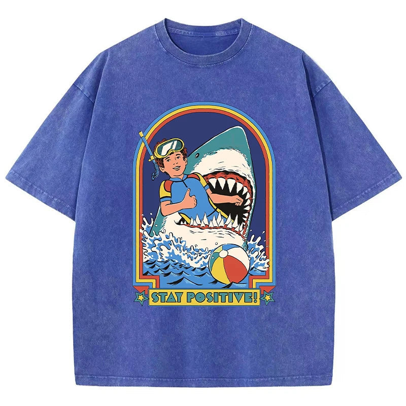 Bleiben Sie positiv, Cartoon-Druck, Damen-Wasch-T-Shirt, atmungsaktiv, bequem, kurzärmelig, modisch, cooles T-Shirt, Not-O-Ausschnitt-Kleidung Festival Outfits | Techno Shirts | Rave Clothing