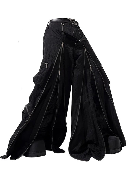 Mauroicardi Frühling Herbst Coole schwarze Baggy-Techwear-Hose mit weitem Bein für Herren mit vielen Reißverschlüssen Luxus-Designer-Kleidung Streetwear Festival Outfits | Techno Shirts | Rave Clothing