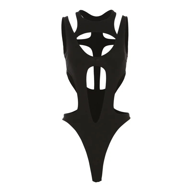 Mall Gothic Hollow Out Sexy Bodys Techwear Fashion Y2k Patchwork Tops Damen Grunge Rückenfrei High Cut Slim Bodysuit Festival Outfits | Techno Shirts | Rave Clothing