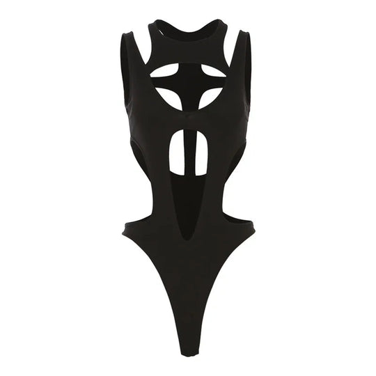 Mall Gothic Hollow Out Sexy Bodys Techwear Fashion Y2k Patchwork Tops Damen Grunge Rückenfrei High Cut Slim Bodysuit Festival Outfits | Techno Shirts | Rave Clothing