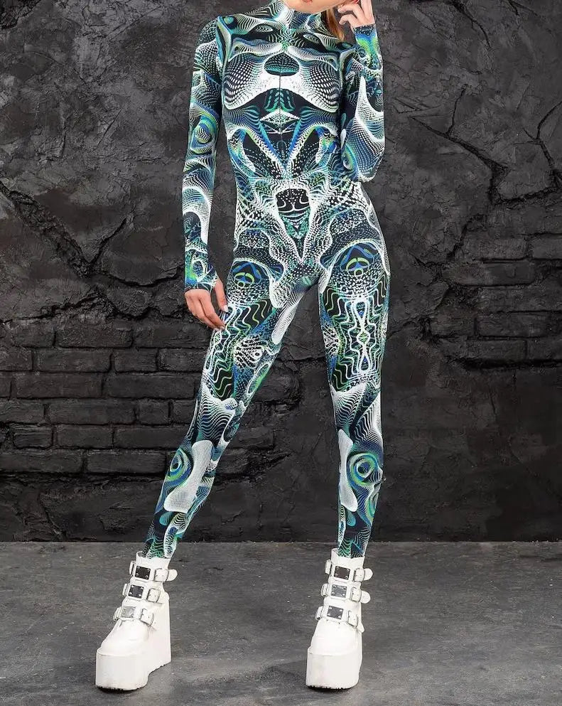 Colorful 3D Printing Women Holiday Party Cyber Punk Rainbow Jumpsuit Onesie Halloween Cosplay Costume Elastic Bodysuit Romper Festival Outfits | Techno Shirts | Rave Clothing
