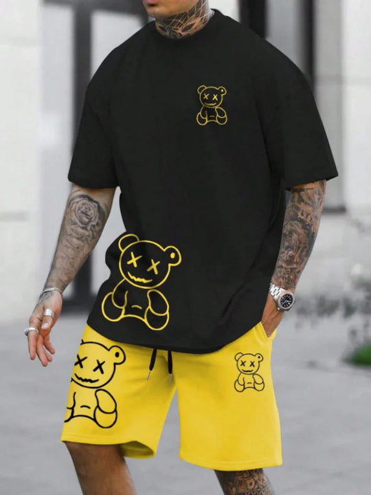 Herren Sommer Cartoon Bär 2-teilige Anzüge Casual T-Shirt und Kordelzug Taille Shorts Set 2025 Urlaub Strand Übergroße Outfits Festival Outfits | Techno Shirts | Rave Clothing