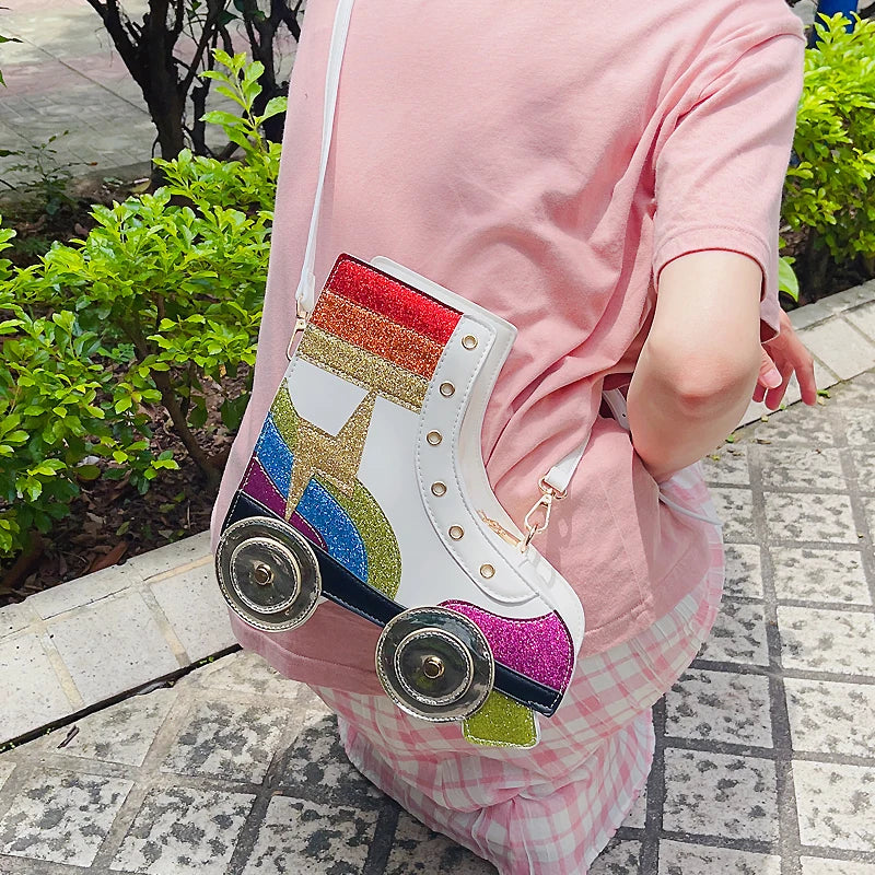 Fun Rainbow Glitter Roller Skate Women Handbag for Girls Novelty Rollerblade Crossbody and Pures Dazzing Daily Shoulder Bag Gift Festival Outfits | Techno Shirts | Rave Clothing