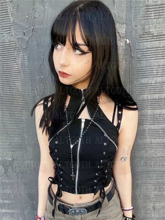 Y2k dunkle Punk Gothic Korsett Weste Frauen hohe Taille Bandage Ernte Tanktops Streetwear Emo Alt Harajuku Halfter Rave Outfits Festival Outfits | Techno Shirts | Rave Clothing