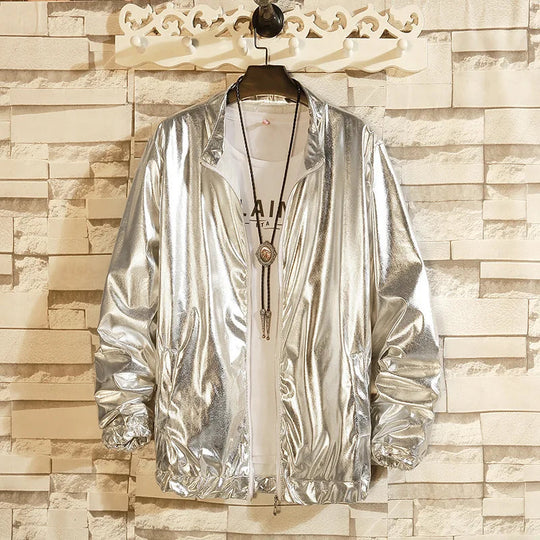 Herren-Sets, glänzende metallische Anzüge, Disco für Erwachsene, 2-teiliges Outfit, Jacke, Hose, Halloween, Anzieh, Nachtclub, Tanz, Rave, Cosplay-Kostüm Festival Outfits | Techno Shirts | Rave Clothing