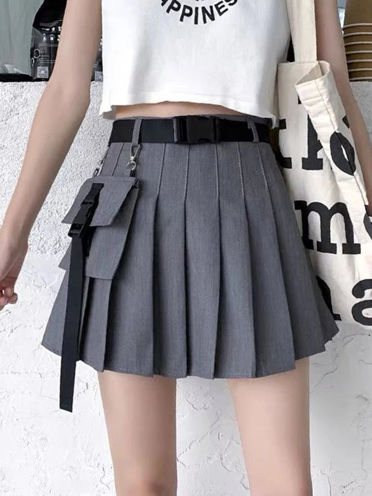 Zoki Harajuku Gürtel Plissee Cargo Rock Frauen Mode Gothic Hohe Taille Tasche Mini Röcke Mode Sommer Dame EINE Linie Schwarz Rock Festival Outfits | Techno Shirts | Rave Clothing