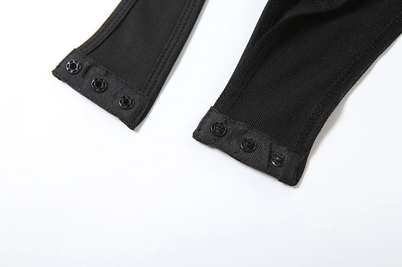 Schwarze Bandage aushöhlen Sexy Cyber Y2k Bodys Gothic Techwear Mesh Patchwork Tops weibliche Handschuh Ärmel Mock Neck Bodysuit Festival Outfits | Techno Shirts | Rave Clothing