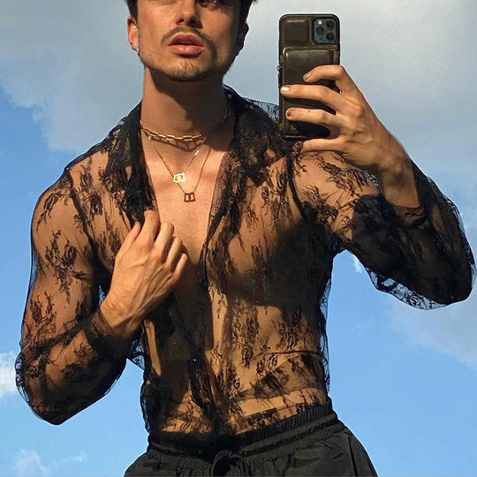 Men's Mesh See Through Mesh Sexy Lace Shirt Long Sleeve Fishnet Hollow Out Vintage Streetwear Slim Fashion Party Clothing S-XL Festival Outfits | Techno Shirts | Rave Clothing
