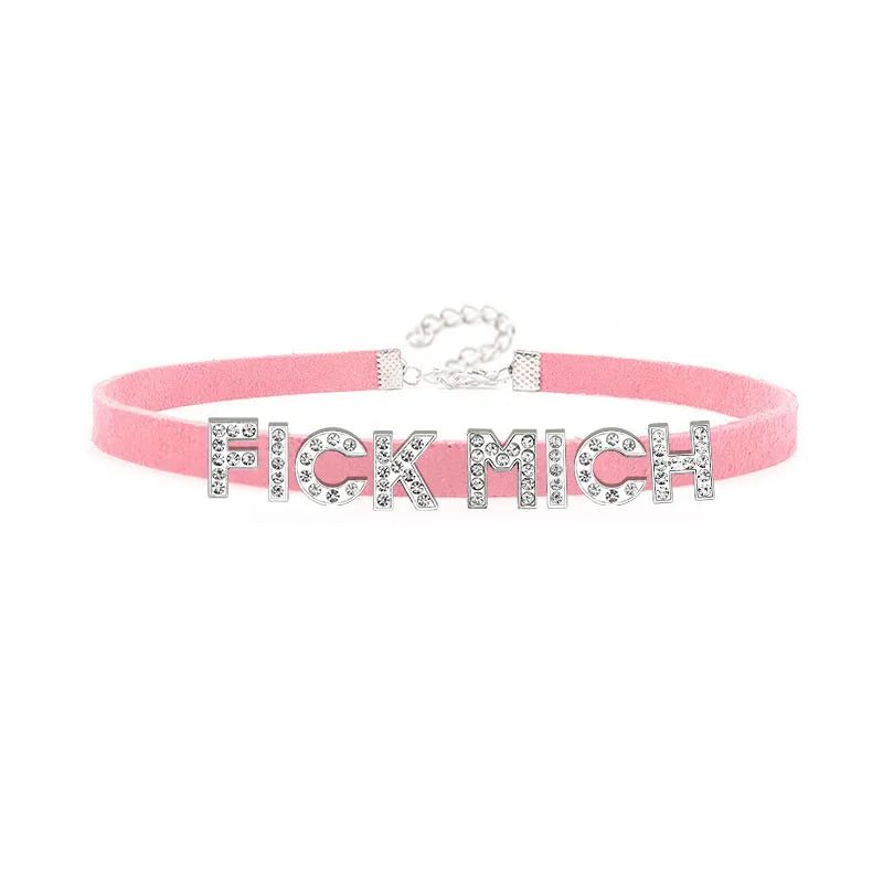 Sexy Rhinestone Letters FICK MICH Collar Choker Necklace Men Women Goth Harajuku DDLG Customized Chocker Cosplay Jewelry Gift Festival Outfits | Techno Shirts | Rave Clothing