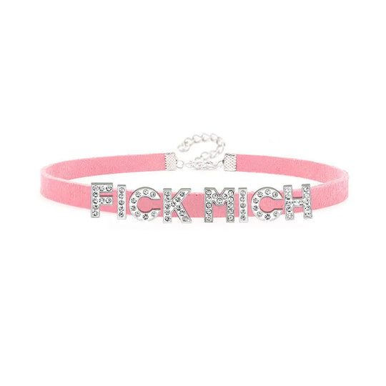 Sexy Rhinestone Letters FICK MICH Collar Choker Necklace Men Women Goth Harajuku DDLG Customized Chocker Cosplay Jewelry Gift Festival Outfits | Techno Shirts | Rave Clothing