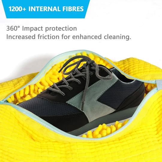 Robuste Schuhwaschmaschinentasche für alle Schuharten – Gelb mit blauem Reißverschluss, ideal für Turnschuhe und Freizeitschuhe, Wäschewaschbeutel Festival Outfits | Techno Shirts | Rave Clothing