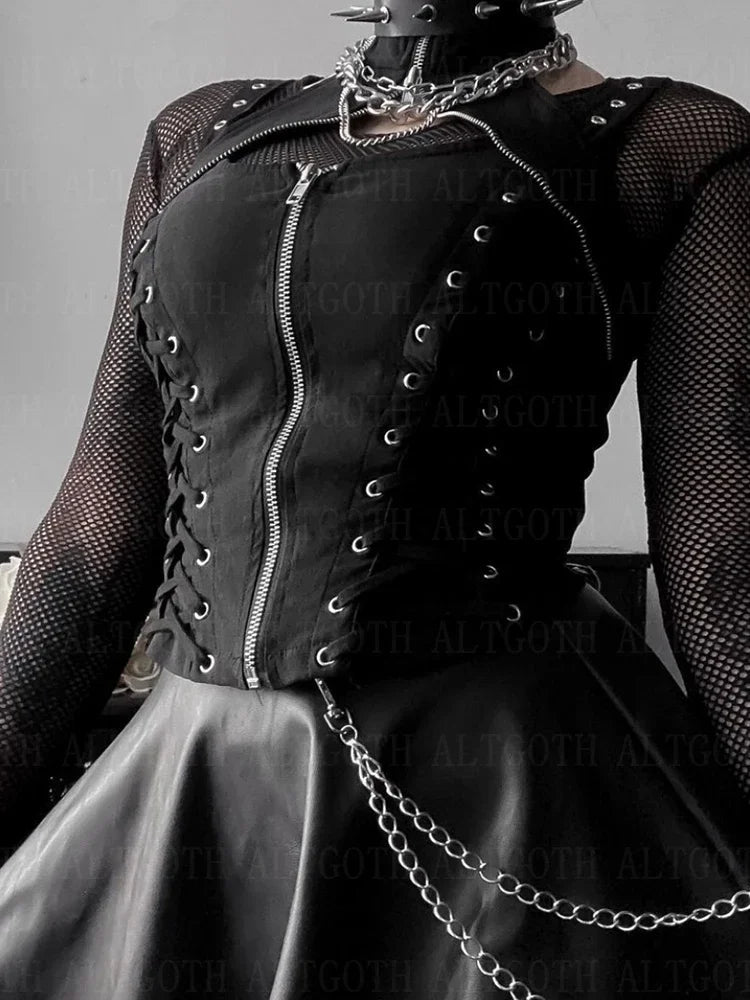 Y2k dunkle Punk Gothic Korsett Weste Frauen hohe Taille Bandage Ernte Tanktops Streetwear Emo Alt Harajuku Halfter Rave Outfits Festival Outfits | Techno Shirts | Rave Clothing