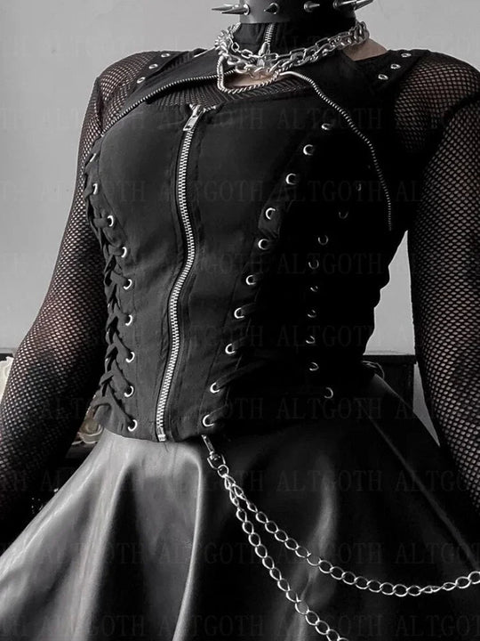 Y2k dunkle Punk Gothic Korsett Weste Frauen hohe Taille Bandage Ernte Tanktops Streetwear Emo Alt Harajuku Halfter Rave Outfits Festival Outfits | Techno Shirts | Rave Clothing