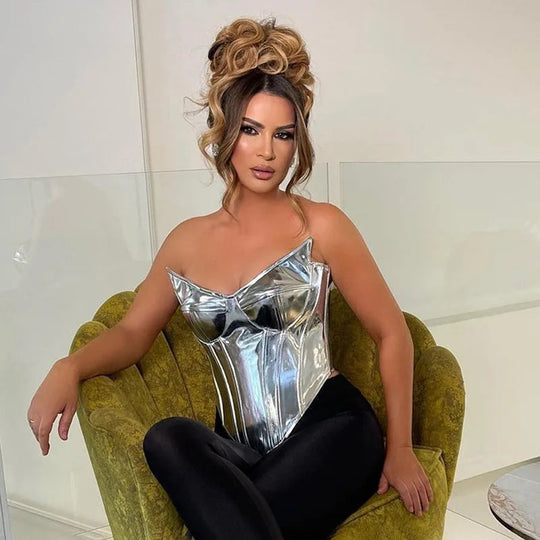 Sexy Frauen Shiny Gold Silber Bustier Crop Tops Helle PU Leder Krone Gürtel Abnehmen Taille Liebsten Low-cut Korsett top Sommer Festival Outfits | Techno Shirts | Rave Clothing
