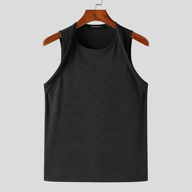 Incerun Tops 2024 koreanischen Stil Männer Schulter gurt Design sexy elastische Westen lässig gut sitzende solide ärmellose Weste S-5XL Festival Outfits | Techno Shirts | Rave Clothing