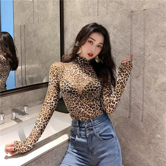 Frauen Retro Halb Hohen Kragen Leopard T-shirt Weibliche Herbst Sexy Dünne Lange ärmeln Mesh T-shirt Perspektive Bodenbildung Engen top Festival Outfits | Techno Shirts | Rave Clothing