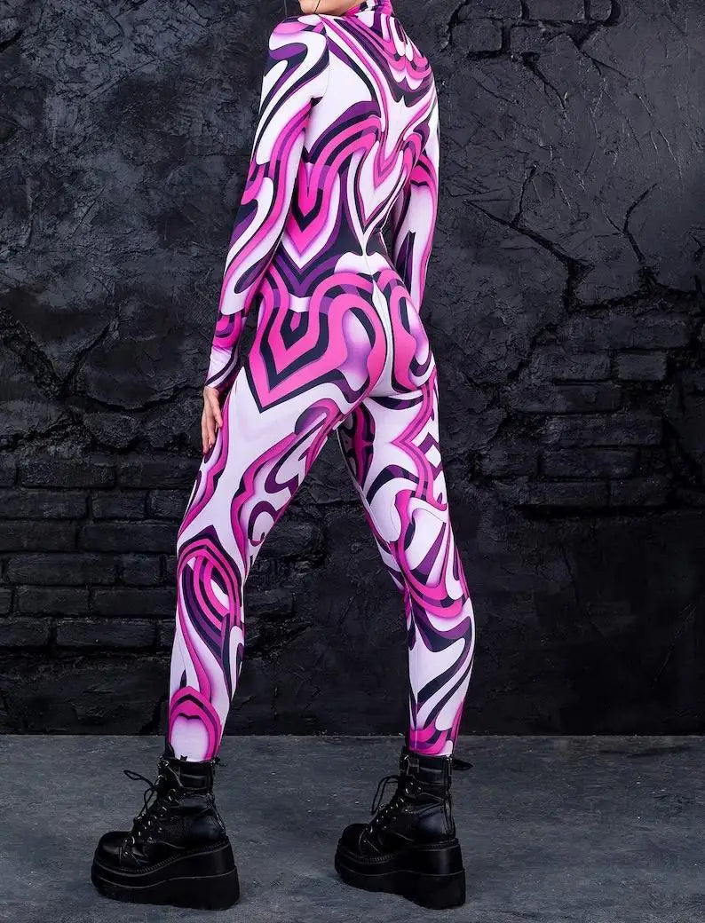 Colorful 3D Printing Women Holiday Party Cyber Punk Rainbow Jumpsuit Onesie Halloween Cosplay Costume Elastic Bodysuit Romper Festival Outfits | Techno Shirts | Rave Clothing