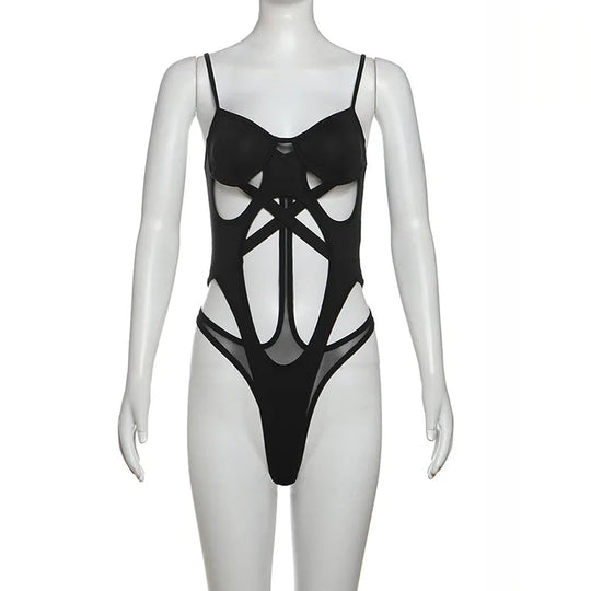Schwarze Bandage aushöhlen Sexy Cyber Y2k Bodys Gothic Techwear Mesh Patchwork Tops weibliche Handschuh Ärmel Mock Neck Bodysuit Festival Outfits | Techno Shirts | Rave Clothing