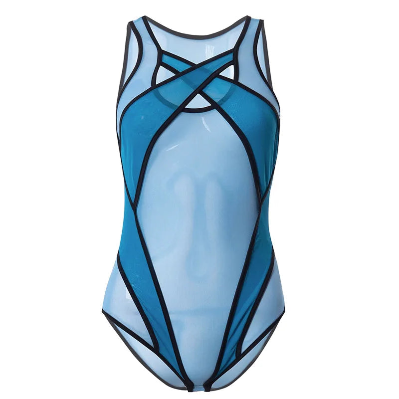 2024 neue durchsichtige Mesh aushöhlen Bodysuit Frauen Sommer lila Patchwork Bodys sexy Bade bekleidung Frauen Festival Outfit Korsett Top Festival Outfits | Techno Shirts | Rave Clothing