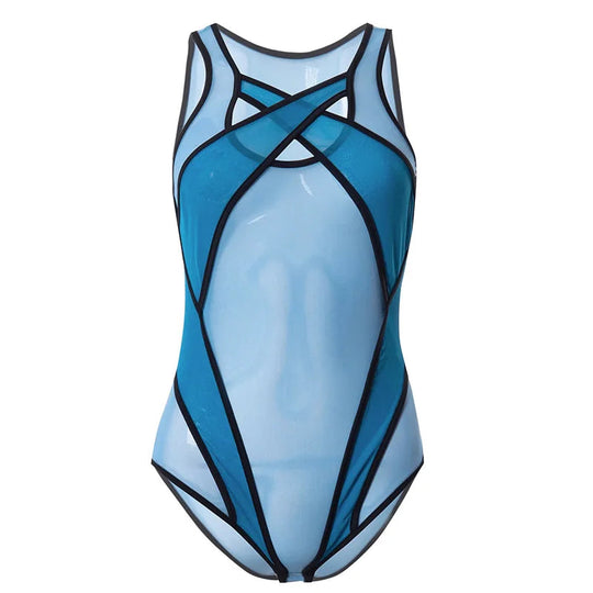 2024 neue durchsichtige Mesh aushöhlen Bodysuit Frauen Sommer lila Patchwork Bodys sexy Bade bekleidung Frauen Festival Outfit Korsett Top Festival Outfits | Techno Shirts | Rave Clothing