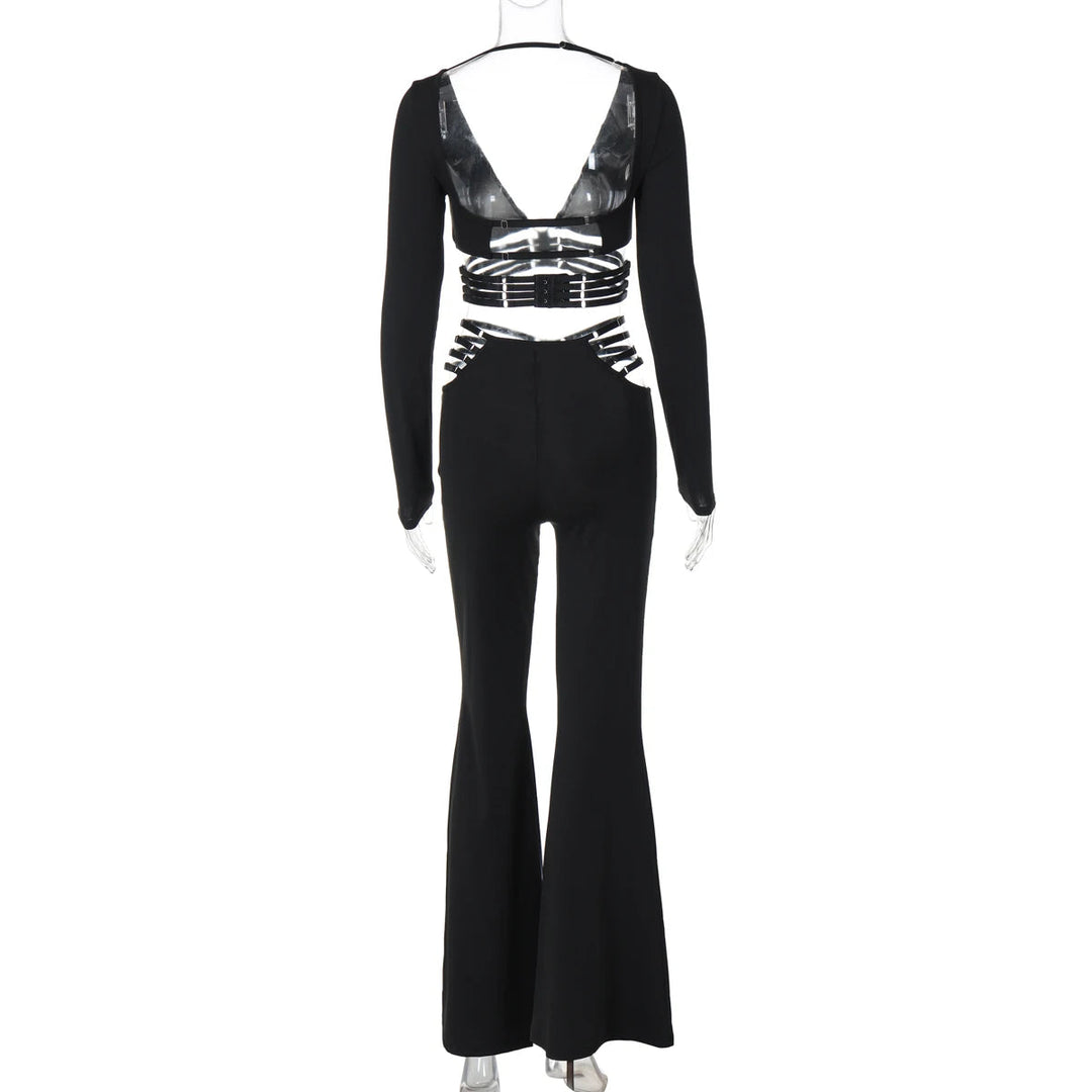 Dulzura Sexy aushöhlen 2-teiliges Hosen-Set mit langen Ärmeln, rückenfreiem, schmalem Crop-Top und Schlaghose, passendes Set, Party, Club, Streetwear Festival Outfits | Techno Shirts | Rave Clothing
