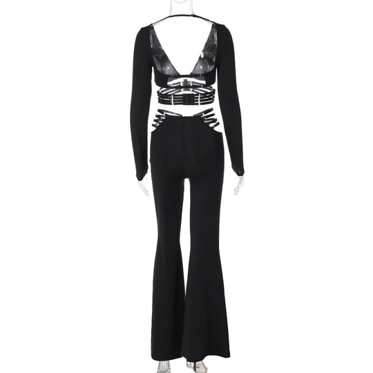 Dulzura Sexy aushöhlen 2-teiliges Hosen-Set mit langen Ärmeln, rückenfreiem, schmalem Crop-Top und Schlaghose, passendes Set, Party, Club, Streetwear Festival Outfits | Techno Shirts | Rave Clothing