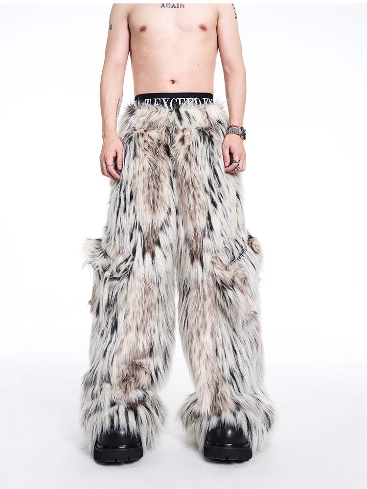 Mauroicardi Herbst Winter Lange Bunte Dicke Warme Haarige Flauschigen Faux Pelz Breite Bein Hosen Männer Taschen Runway Fashion Streetwear Festival Outfits | Techno Shirts | Rave Clothing