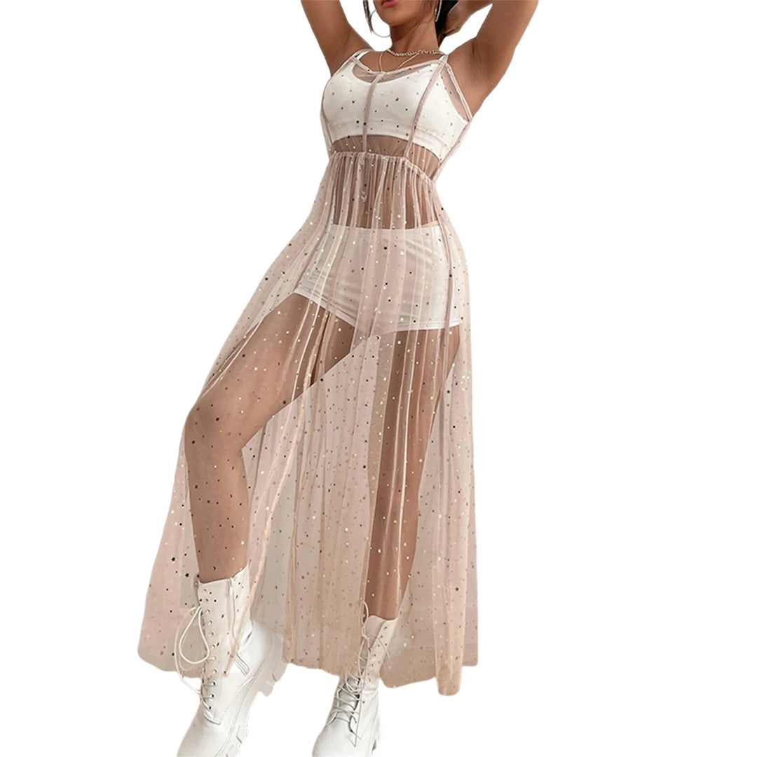 Frauen Glänzende Pailletten Cover Up Kleid Casual Ärmelloses Rückenfreies Sheer Mesh Lose Split Kleid Sommer Urlaub  Strandkittel Festival Outfits | Techno Shirts | Rave Clothing