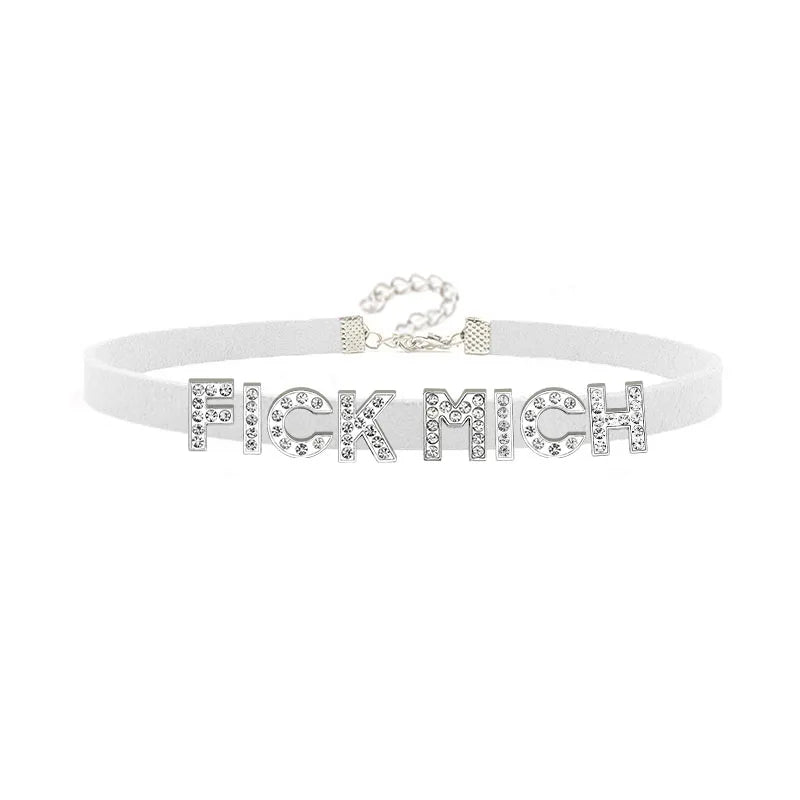 Sexy Rhinestone Letters FICK MICH Collar Choker Necklace Men Women Goth Harajuku DDLG Customized Chocker Cosplay Jewelry Gift Festival Outfits | Techno Shirts | Rave Clothing