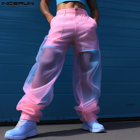 INCERUN 2024 Amerikanischen Stil Hosen Herren Mode Gefälschte Zwei-stück Krawatte Gefärbt Hosen Casual Clubwear Männliche Persönlichkeit Pantalons s-5XL Festival Outfits | Techno Shirts | Rave Clothing