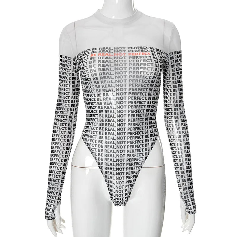 Shestyle Brief Gedruckt Mesh Transparent Bodystui Frauen Getäfelten Zeitung Langarm Rundhals T-Shirts Tanga Schöne Heiße Festival Outfits | Techno Shirts | Rave Clothing