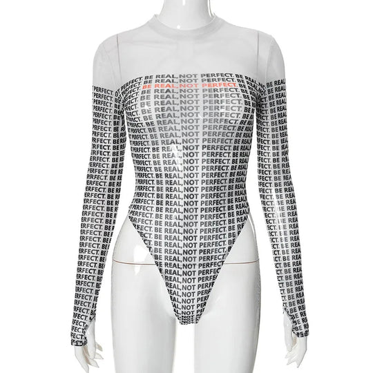 Shestyle Brief Gedruckt Mesh Transparent Bodystui Frauen Getäfelten Zeitung Langarm Rundhals T-Shirts Tanga Schöne Heiße Festival Outfits | Techno Shirts | Rave Clothing