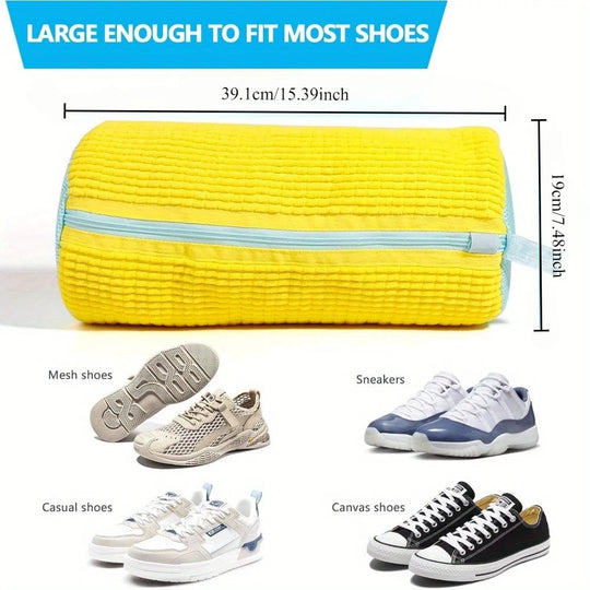 Robuste Schuhwaschmaschinentasche für alle Schuharten – Gelb mit blauem Reißverschluss, ideal für Turnschuhe und Freizeitschuhe, Wäschewaschbeutel Festival Outfits | Techno Shirts | Rave Clothing