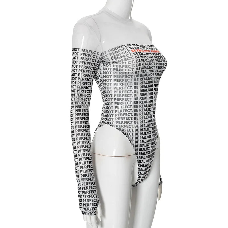 Shestyle Brief Gedruckt Mesh Transparent Bodystui Frauen Getäfelten Zeitung Langarm Rundhals T-Shirts Tanga Schöne Heiße Festival Outfits | Techno Shirts | Rave Clothing