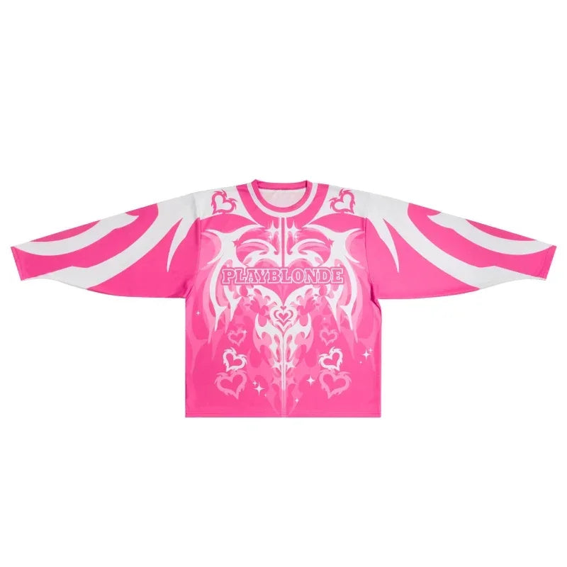 Y2k trend iges Trikot rosa Liebe Grafik Langarm T-Shirt tot blond Retro Gothic lässig Unisex lose Pullover Frauen Streetwear Festival Outfits | Techno Shirts | Rave Clothing