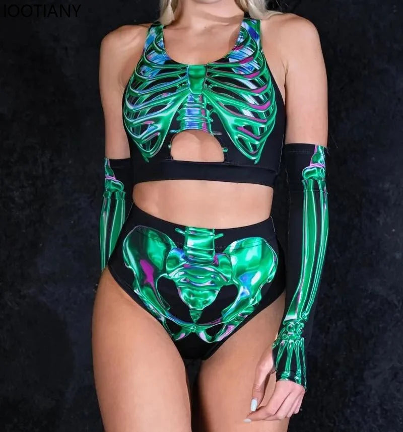 Halloween Schädel drucken Cosplay Kostüm Frauen sexy Schädel Nabel Top Shorts Festival Party bunte psyche delische Dress Up Rave Outfit Festival Outfits | Techno Shirts | Rave Clothing