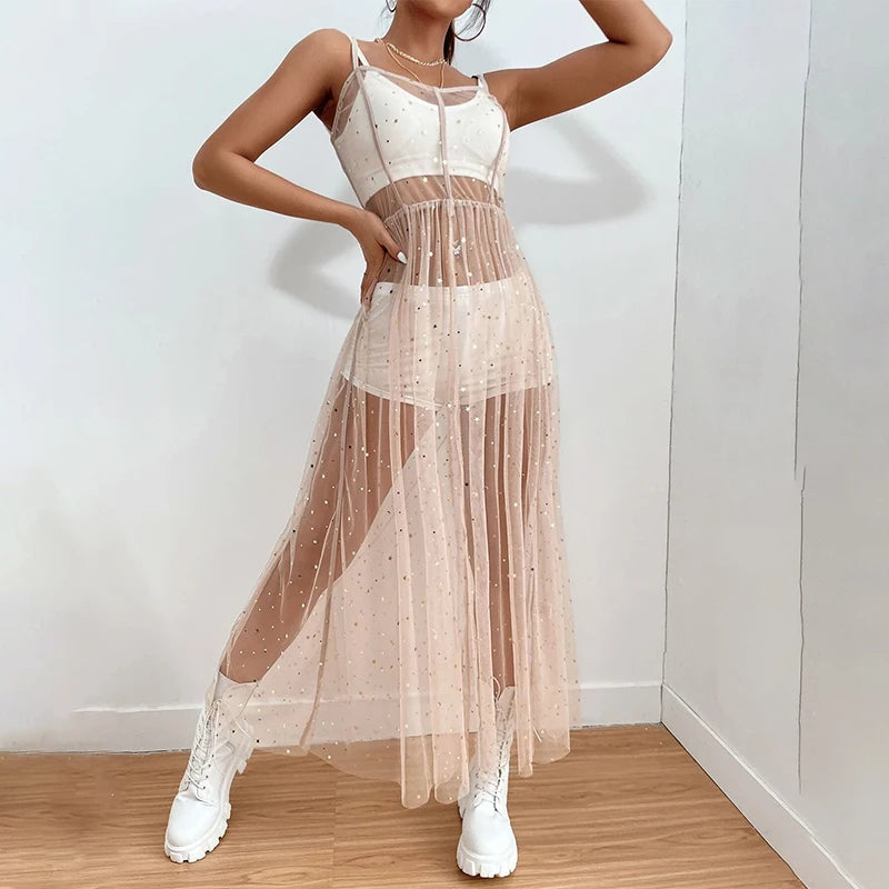 Frauen Glänzende Pailletten Cover Up Kleid Casual Ärmelloses Rückenfreies Sheer Mesh Lose Split Kleid Sommer Urlaub  Strandkittel Festival Outfits | Techno Shirts | Rave Clothing