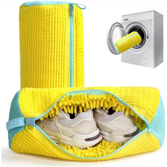 Robuste Schuhwaschmaschinentasche für alle Schuharten – Gelb mit blauem Reißverschluss, ideal für Turnschuhe und Freizeitschuhe, Wäschewaschbeutel Festival Outfits | Techno Shirts | Rave Clothing