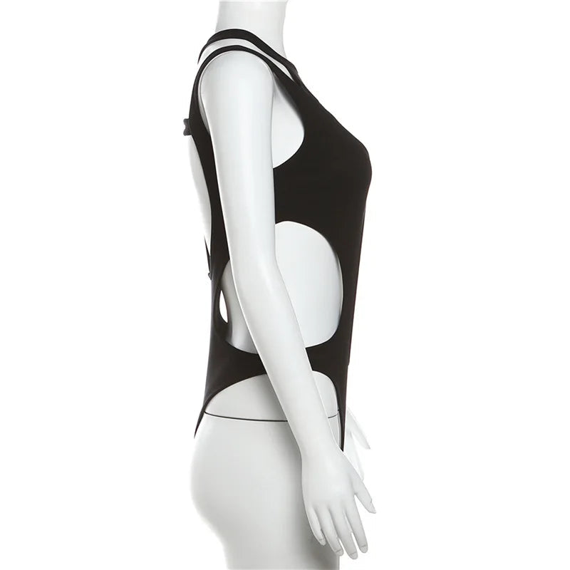 Mall Gothic Hollow Out Sexy Bodys Techwear Fashion Y2k Patchwork Tops Damen Grunge Rückenfrei High Cut Slim Bodysuit Festival Outfits | Techno Shirts | Rave Clothing