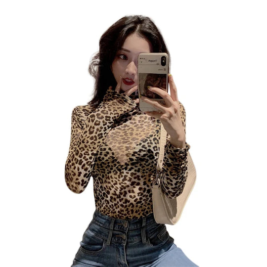 Frauen Retro Halb Hohen Kragen Leopard T-shirt Weibliche Herbst Sexy Dünne Lange ärmeln Mesh T-shirt Perspektive Bodenbildung Engen top Festival Outfits | Techno Shirts | Rave Clothing